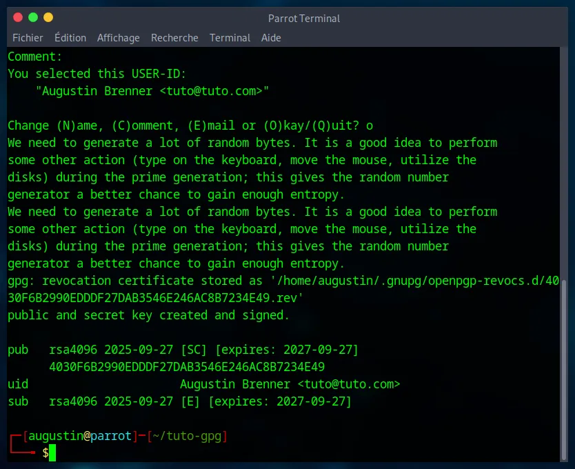 Confirmation of GPG key creation